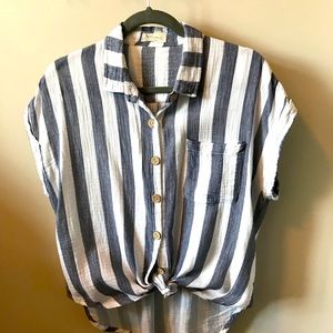Blue White striped blouse shirt, Size M